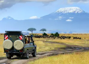 Safari vehicle in front of Mt Kilimanjaro in Amboseli National Park